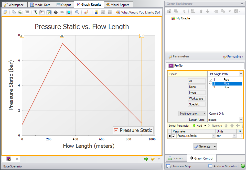 Pressure Static vs Flow Length plotted along pipes 1 and 2 in the Graph Results window.